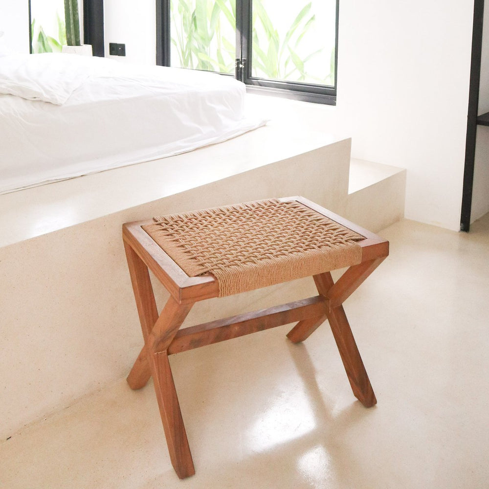 Beige wooden stool with woven recycled paper seat