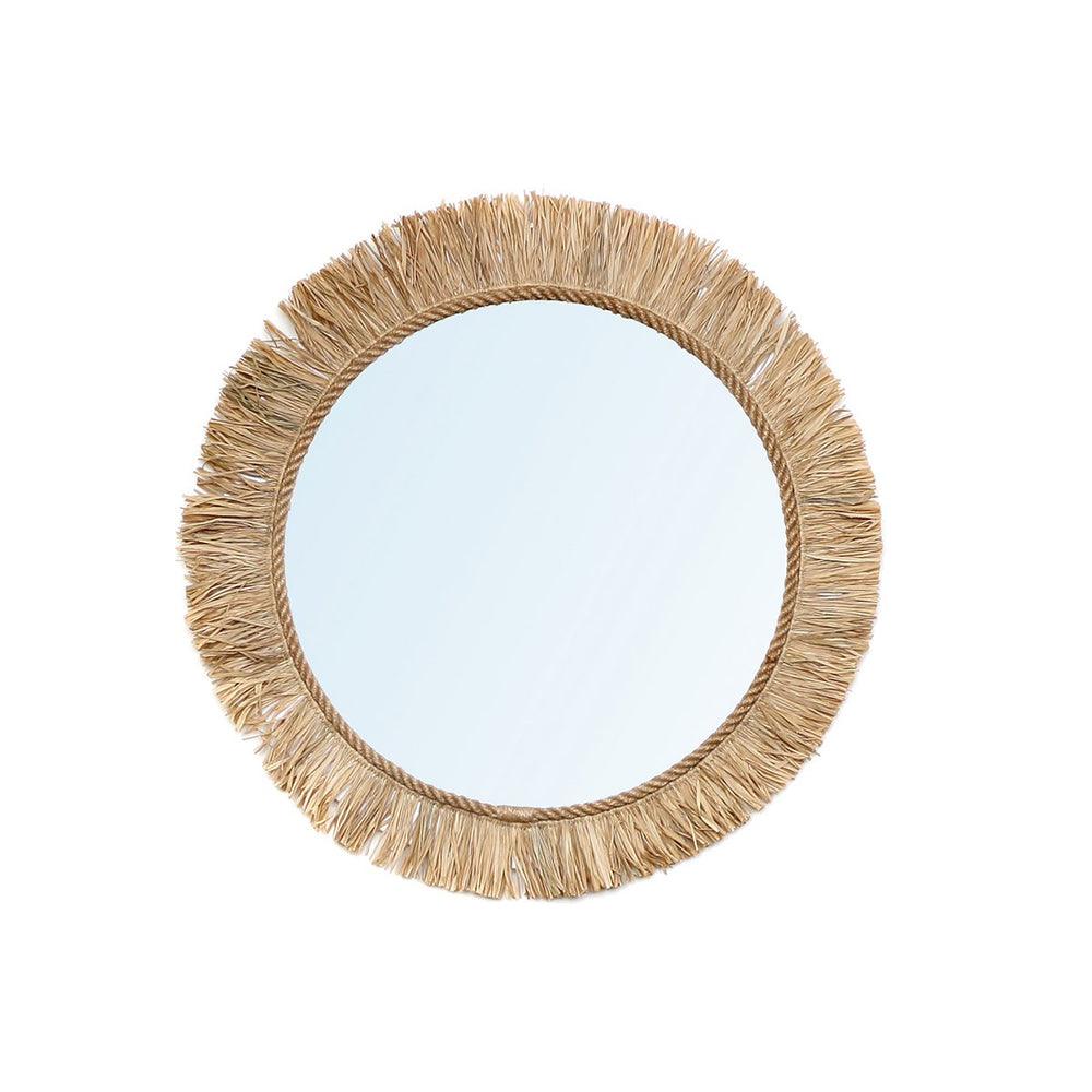 Natural raffia round wall mirror with fringed frame