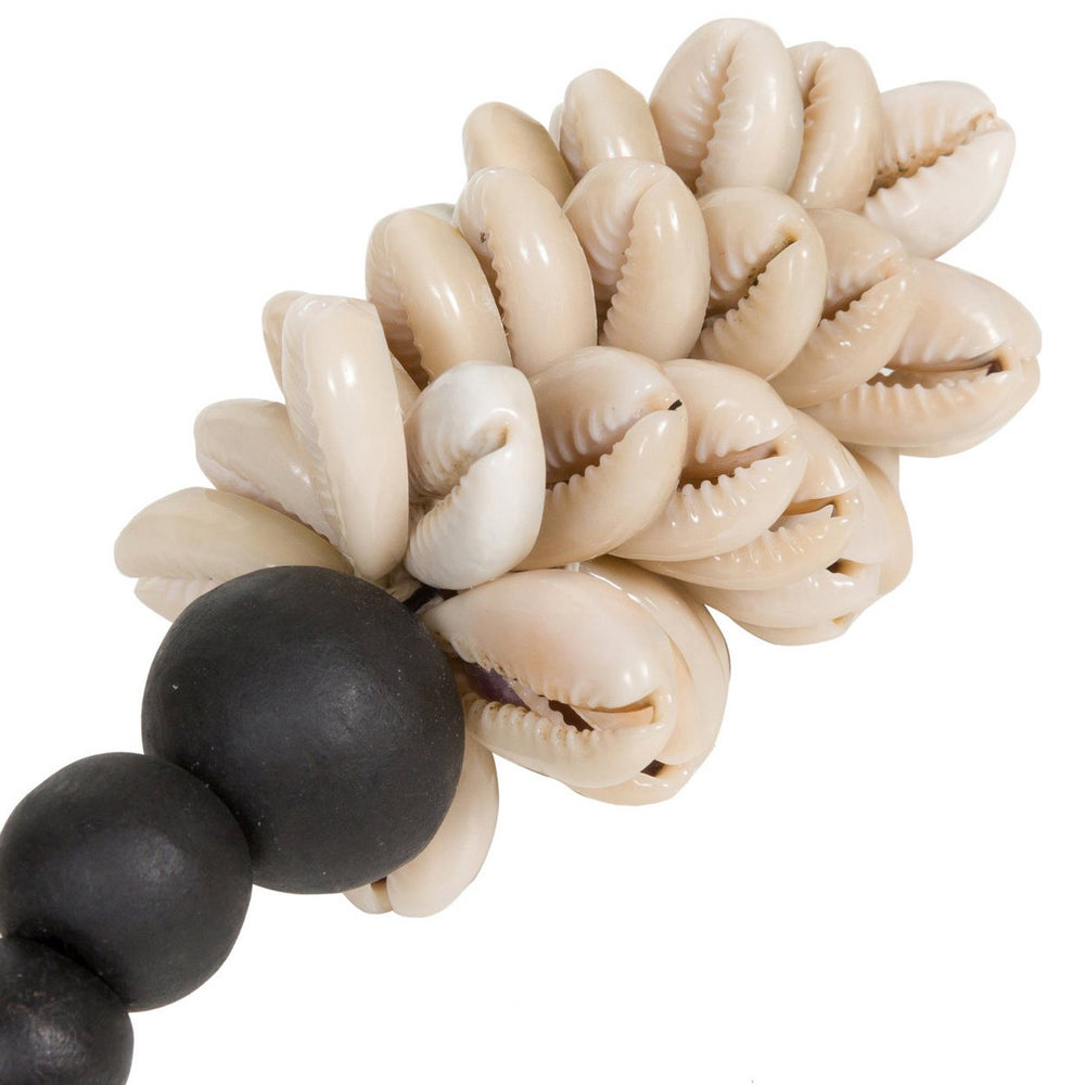 Black and beige cowrie shell keychain with wooden bead accent