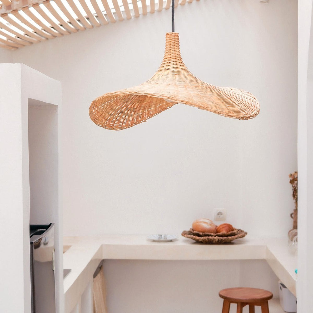 Beige woven rattan funnel-shaped pendant lampshade