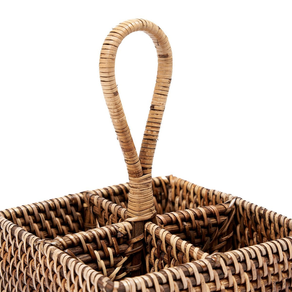 Brown woven rattan cutlery caddy with loop handle