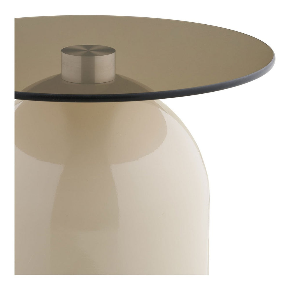Grey and beige round side table with tempered glass top and metal frame