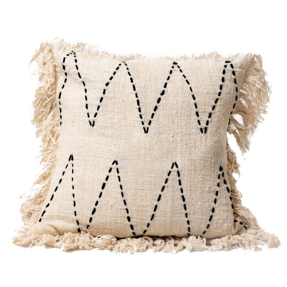 Black and white handwoven cotton cushion cover with zigzag pattern and fringes