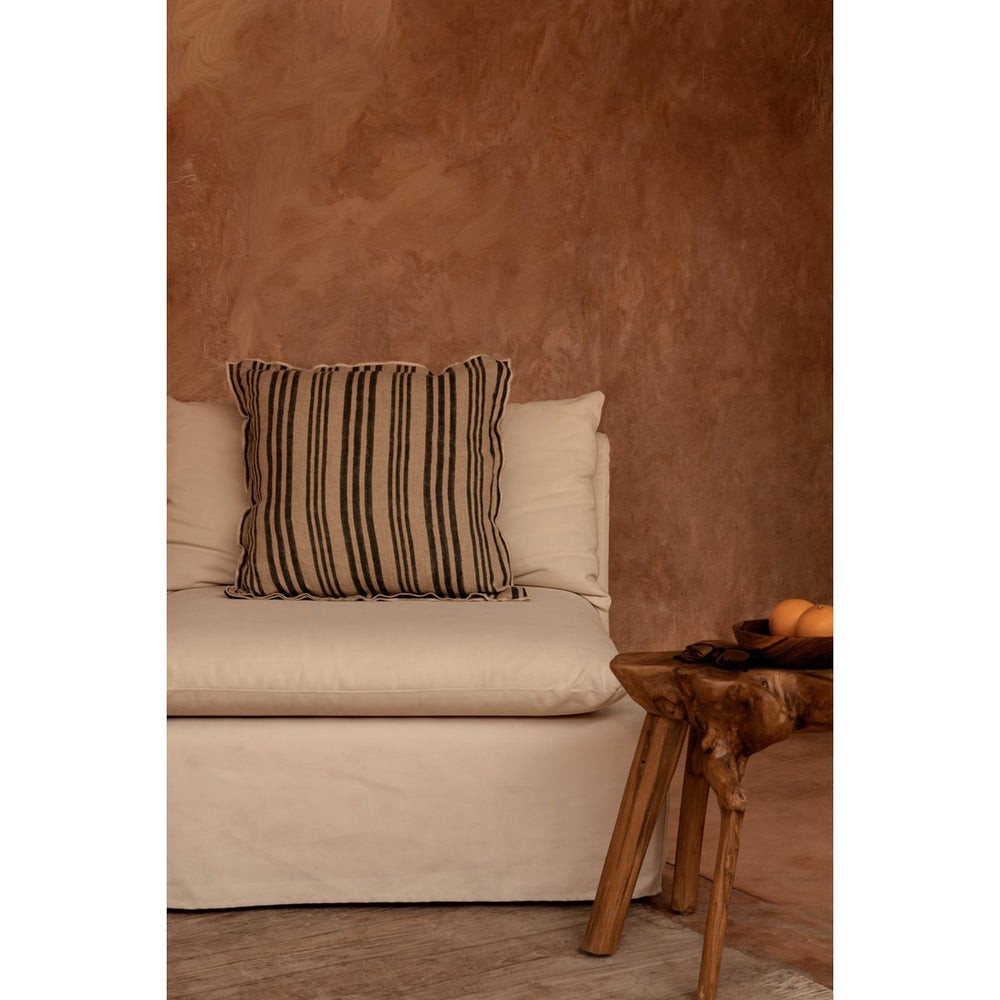 Natural black striped linen and velvet cushion cover