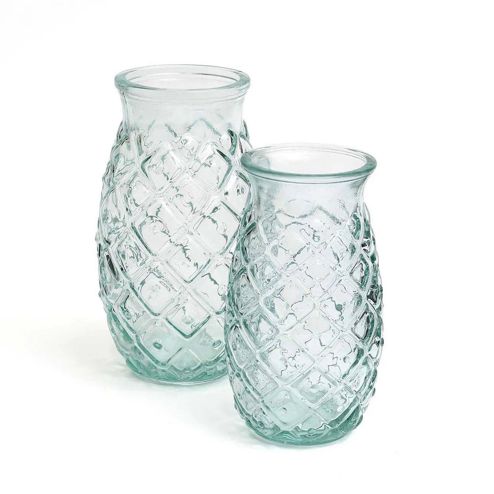 Blue recycled glass drinking glass with pineapple texture