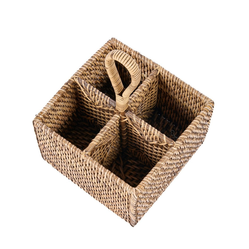 Brown woven rattan cutlery caddy with loop handle