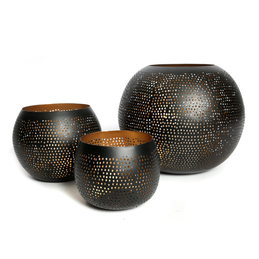 Black and gold pierced brass ball candle holder