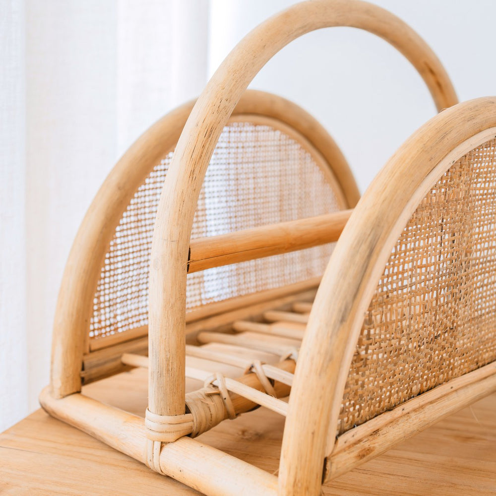 Beige woven rattan newspaper rack with handle
