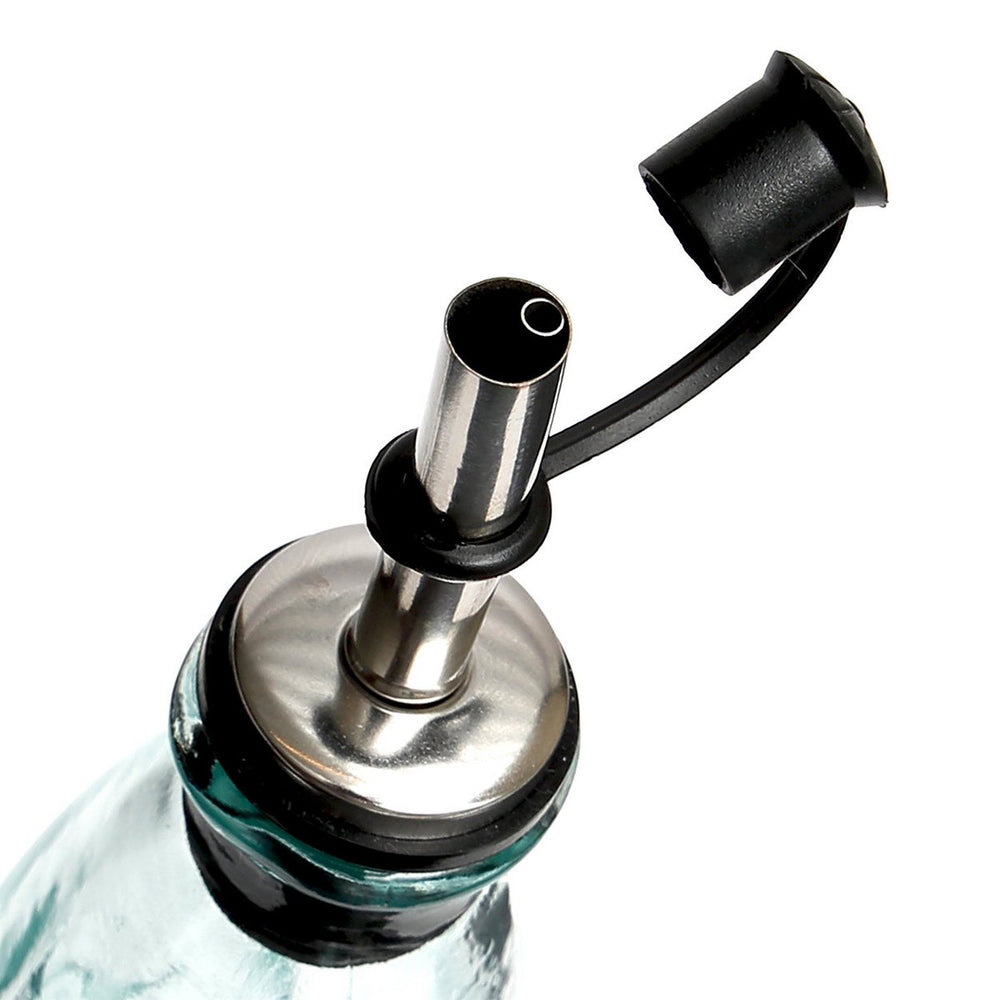 Blue recycled glass olive oil bottle with metal spout