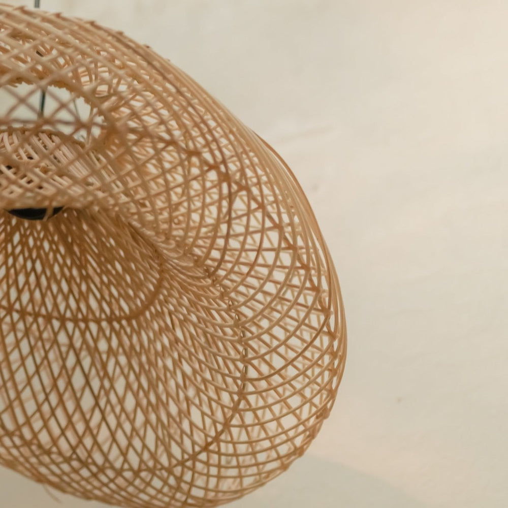 Beige woven rattan lampshade with metal frame