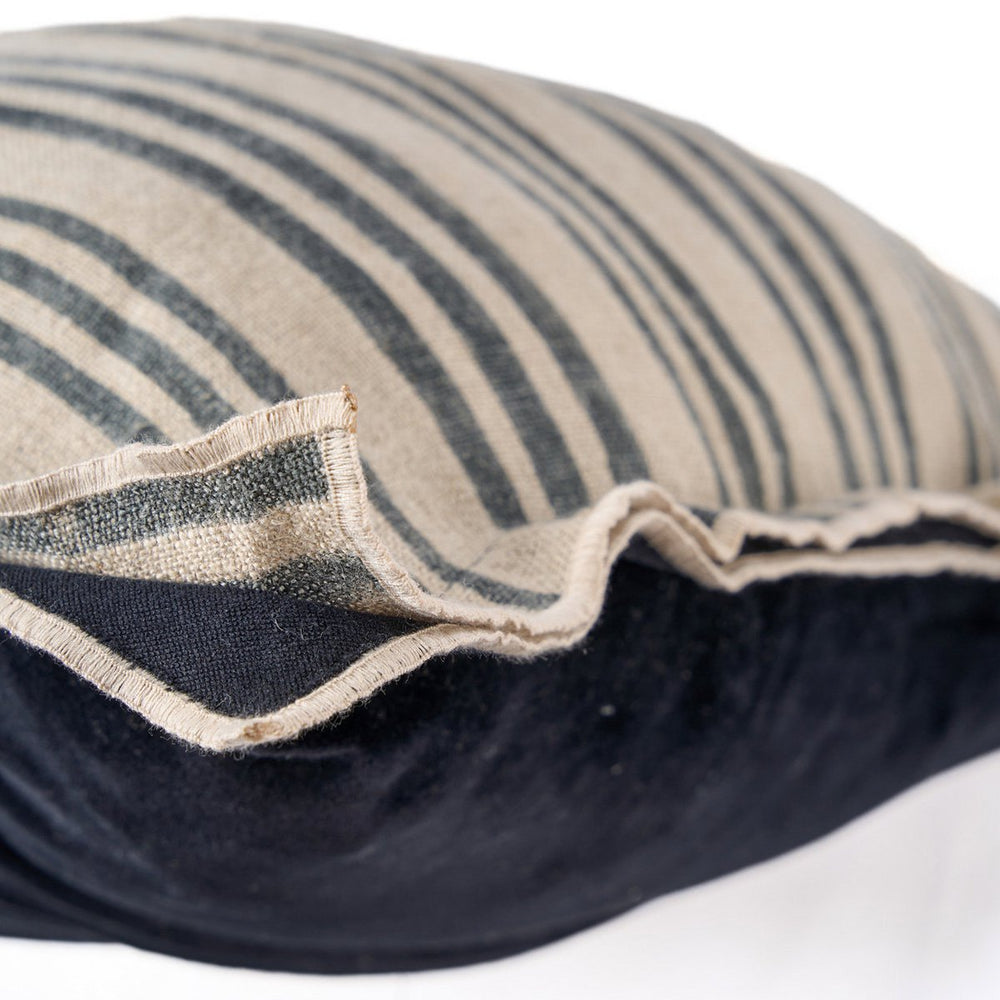 Natural black striped linen and velvet cushion cover