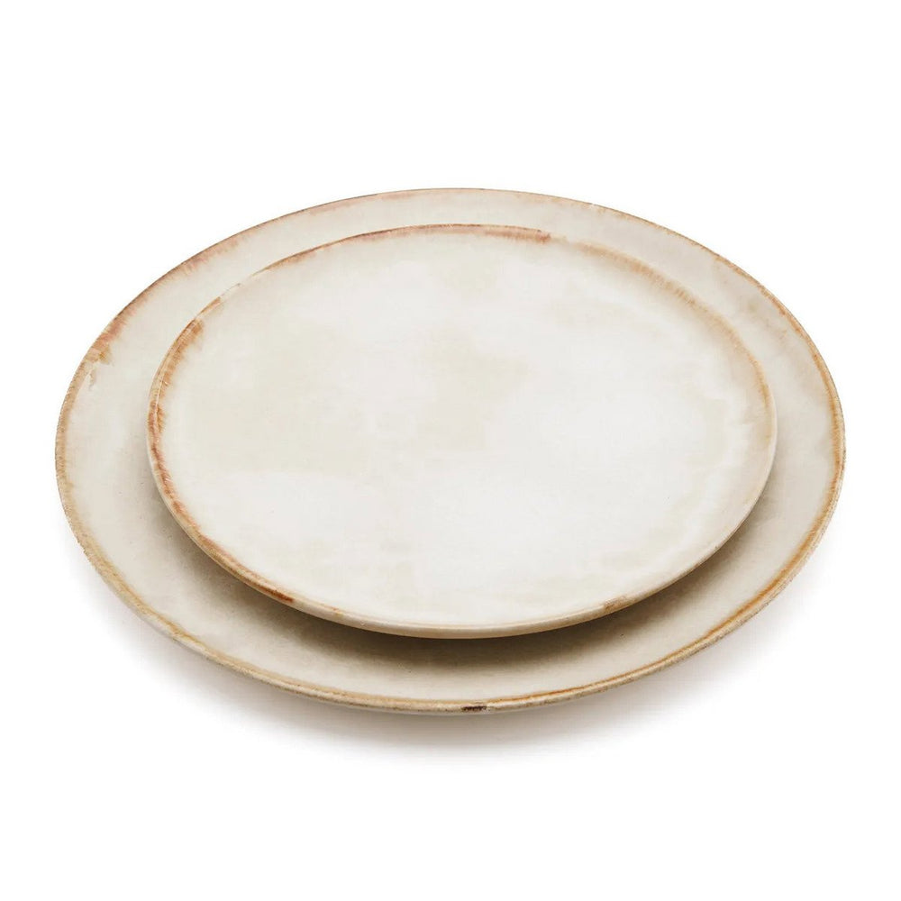 White stoneware dinner plate with burnt-umber rim
