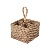 Brown woven rattan cutlery caddy with loop handle