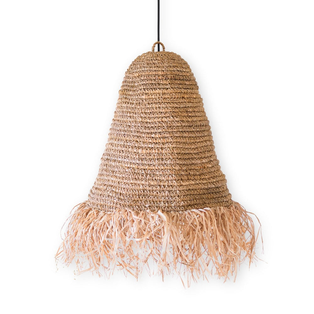 Woven pendant light with fringes on a white background