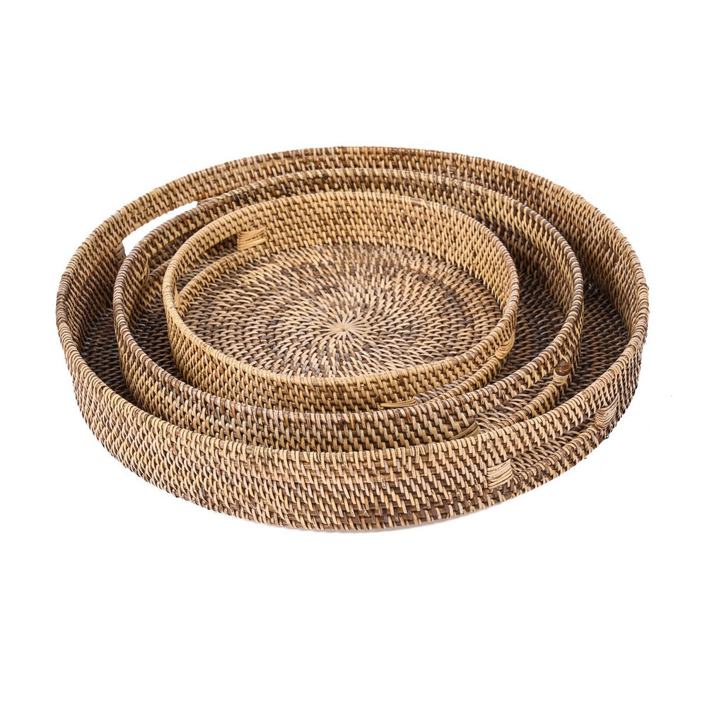 Natural brown woven rattan serving tray with cut-out handles