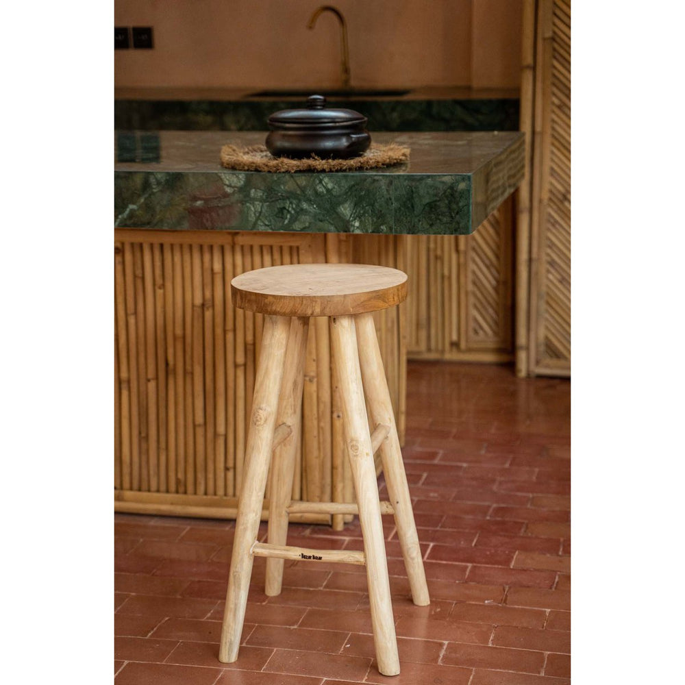 Natural teak wood bar stool with flared legs