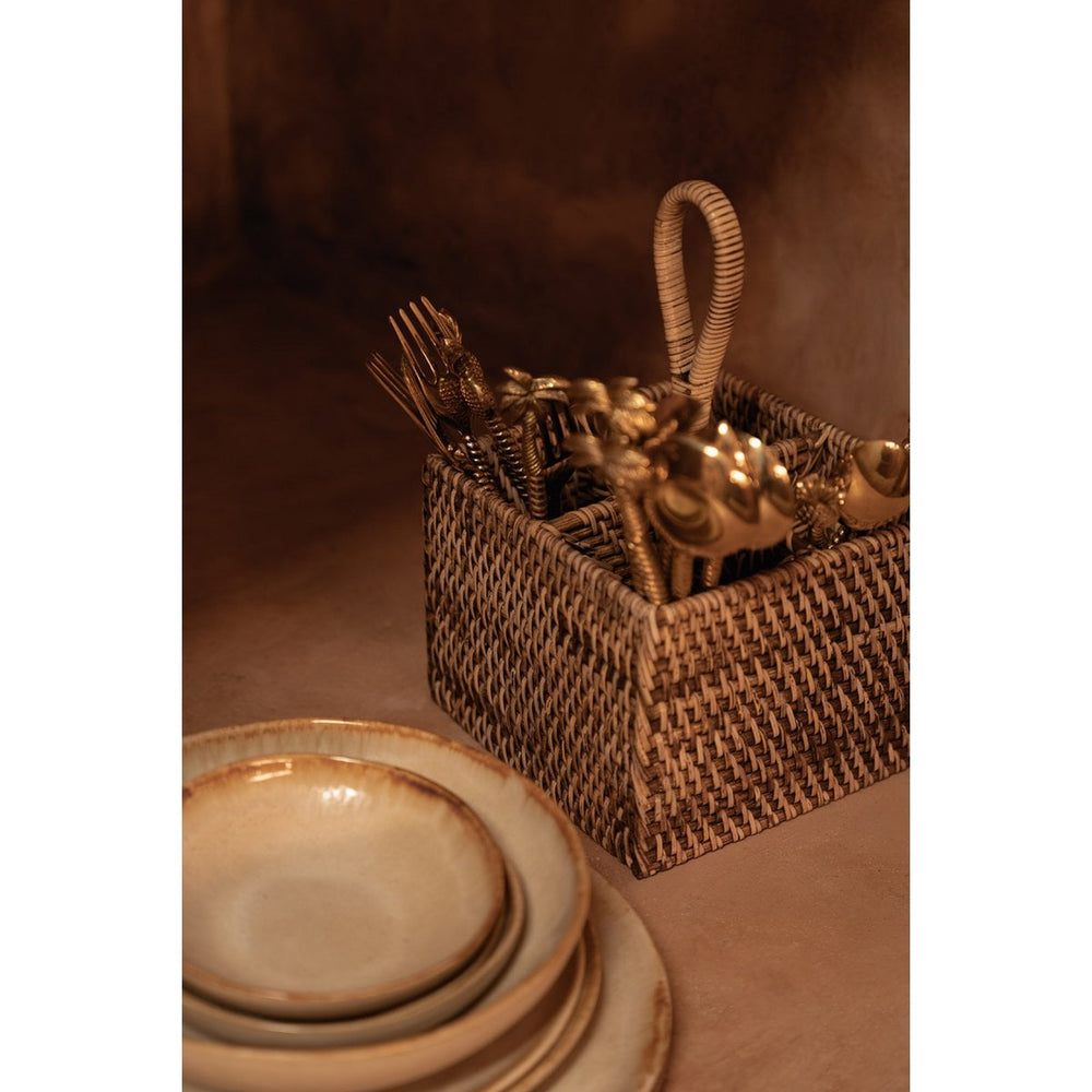Brown woven rattan cutlery caddy with loop handle