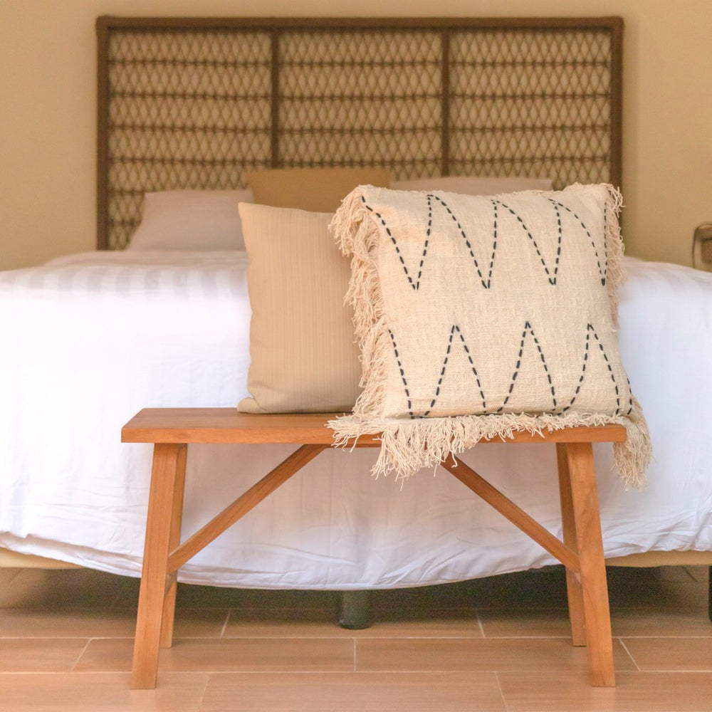 Black and white handwoven cotton cushion cover with zigzag pattern and fringes