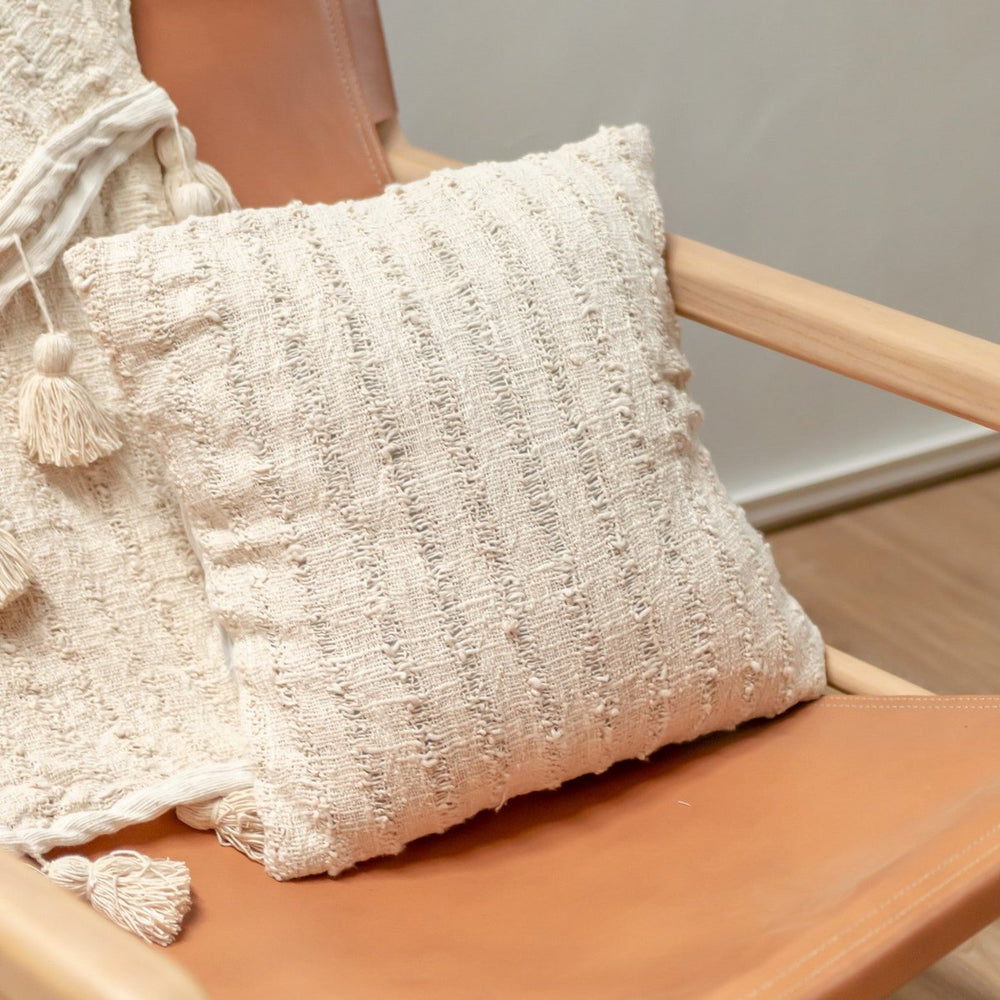 White handwoven cotton cushion cover with striped pattern