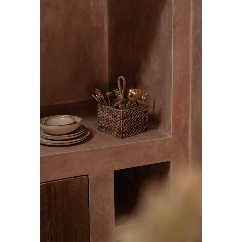 Brown woven rattan cutlery caddy with loop handle