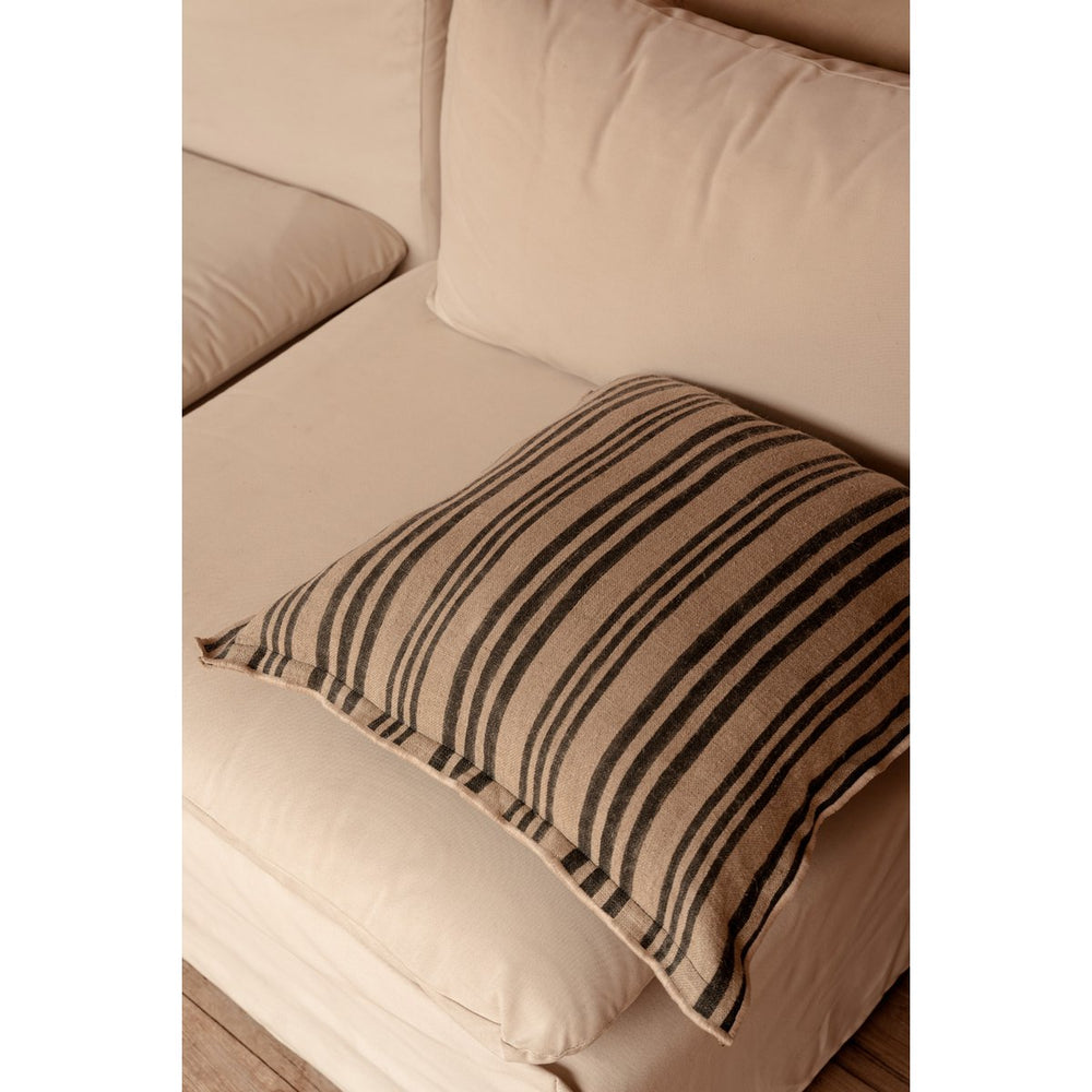 Natural black striped linen and velvet cushion cover
