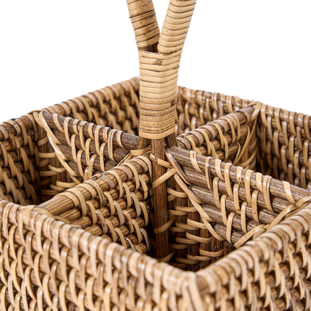 Brown woven rattan cutlery caddy with loop handle